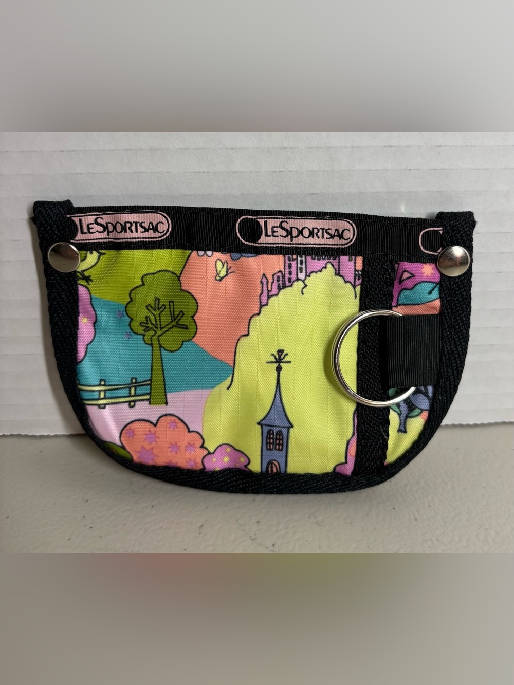 Vintage LeSportsac Coin Purse Pouch w/ Keyring Made in USA Colorful Neon Fantasy